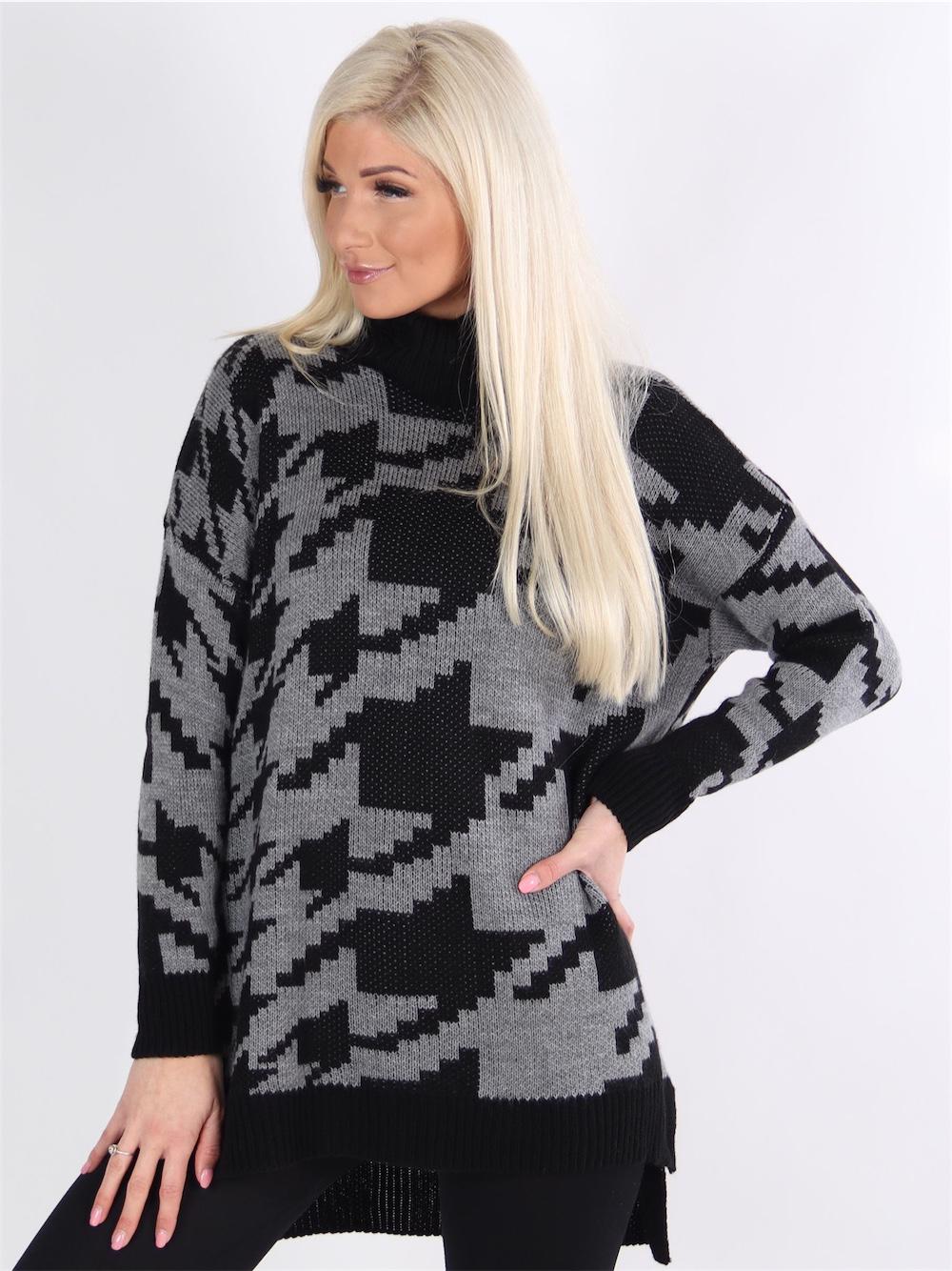 Jena - Koksgrå og sort ternet strikkjole med rullekrave